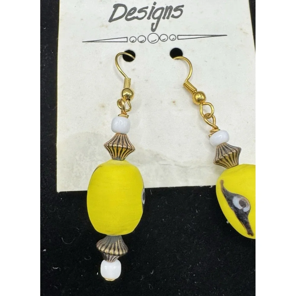 Yellow Glass Bead Dangle Earrings‎ Boho Retro Handmade Vintage